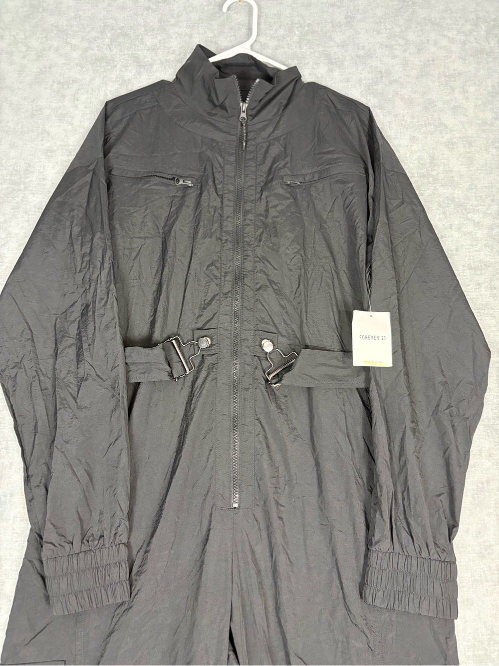 Forever 21 Active Black Nylon Utility Jumpsuit NWT Size L Belted Cargo - Picture 2 of 16
